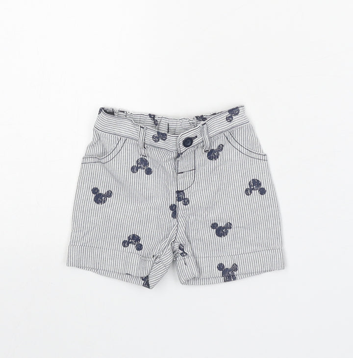 Disney Boys Grey Striped Cotton Cropped Trousers Size 0-3 Months L50 cm Button - Mickey Mouse
