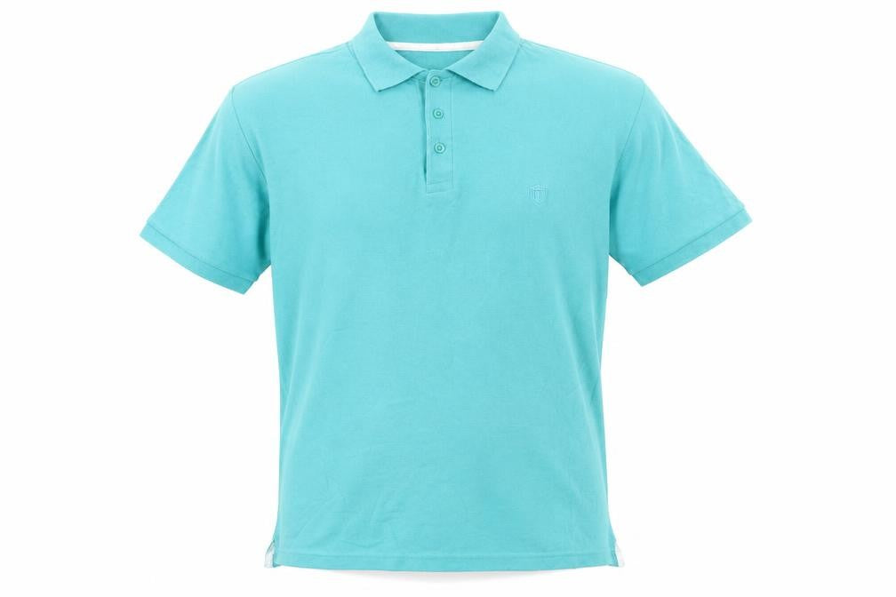 Front view of Dissident men’s green cotton polo, size L, collared button