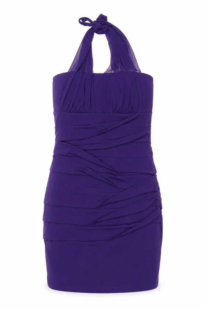 Front view of En Focus Studio women’s purple polyester shift, size UK 10, halter tie