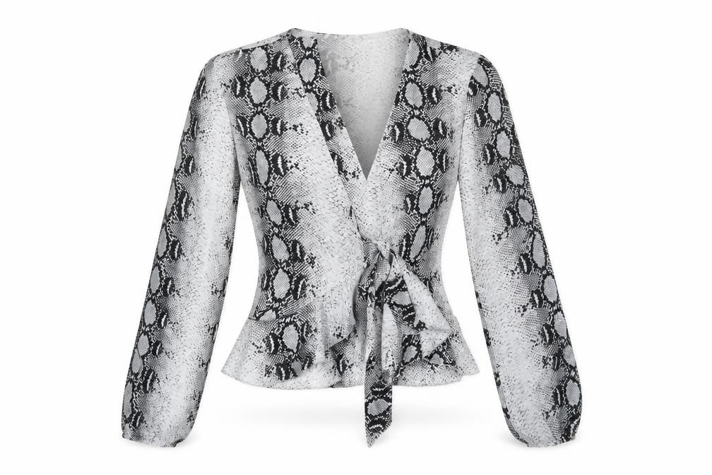 Front view of Missguided women’s black animal print polyester basic blouse, size UK 10, v-neck - snake print