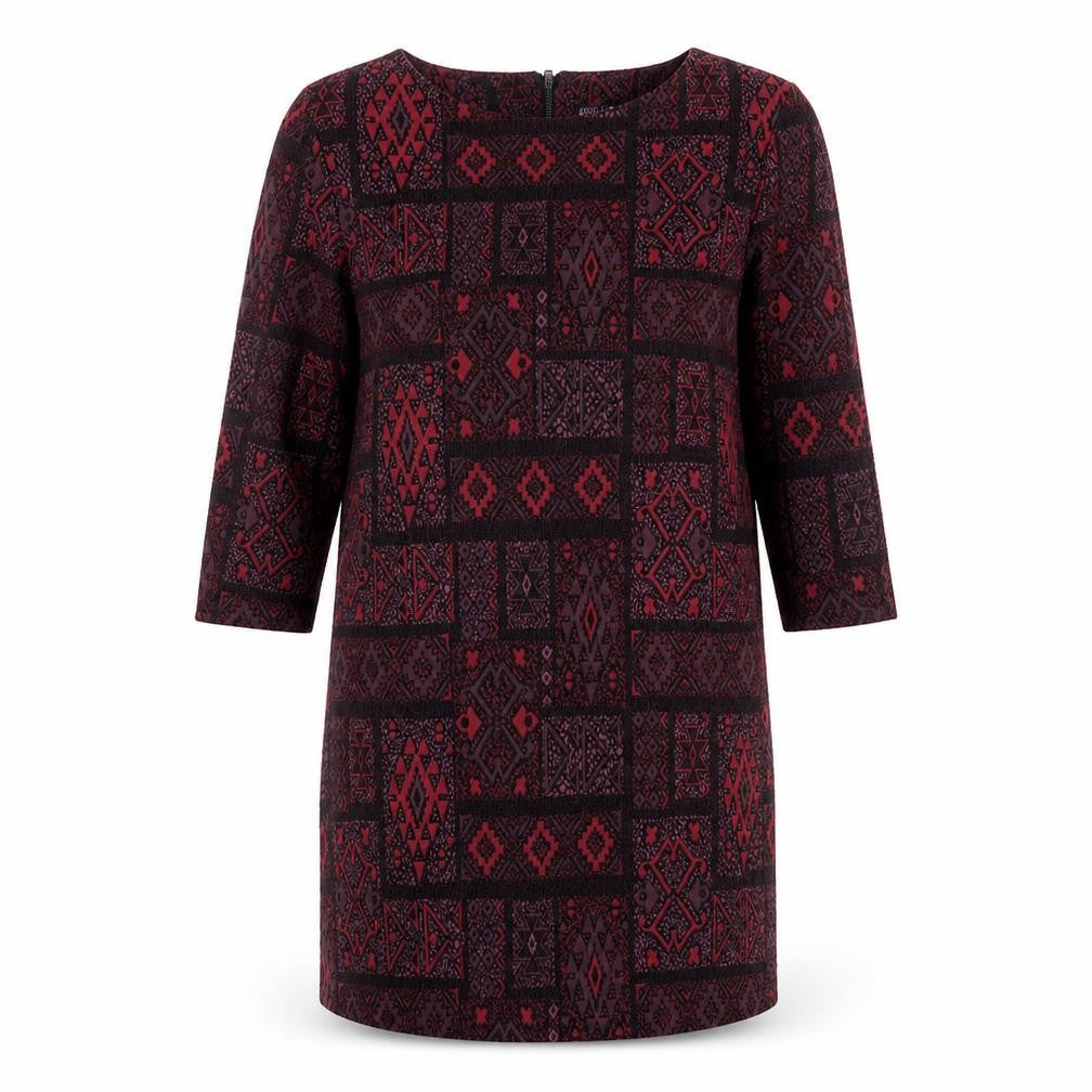 Front view of EWM women’s black geometric polyester a-line, size UK 16, round neck zip