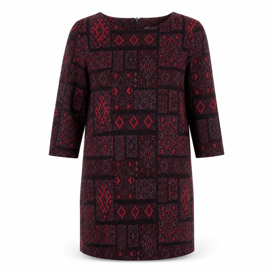 Front view of EWM women’s black geometric polyester a-line, size UK 16, round neck zip