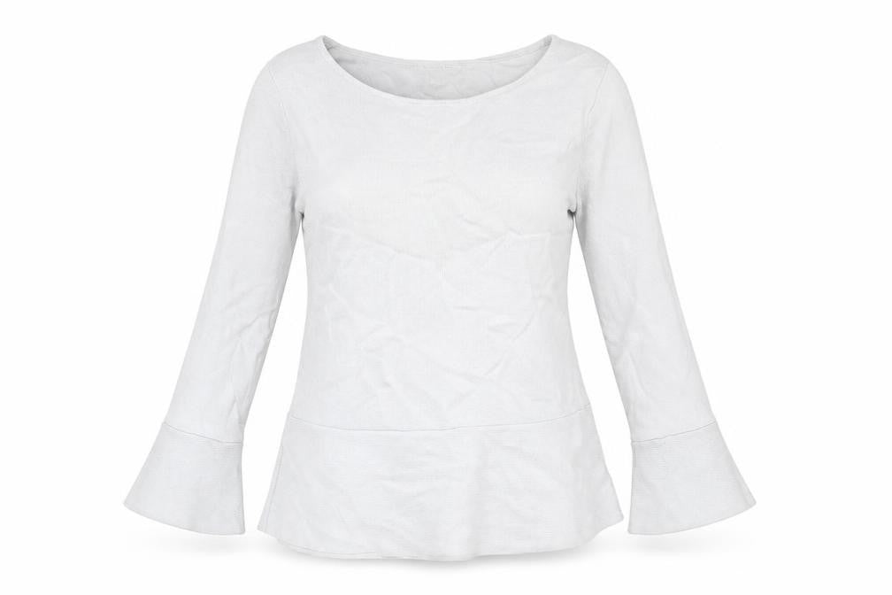 Front view of Monsoon women’s grey scoop neck viscose jumper, size UK 12