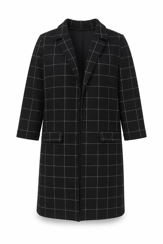 Front view of Malabay women’s black striped overcoat coat, size UK 14