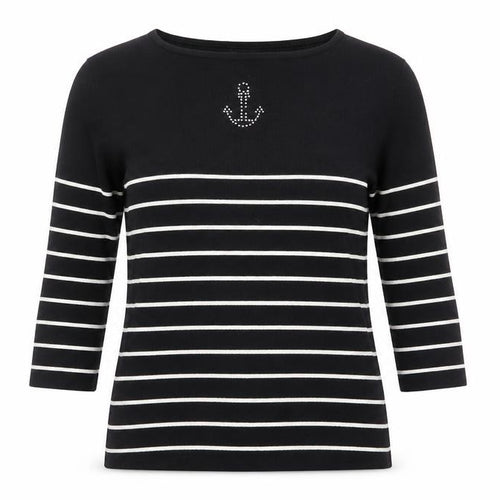 Debbie Morgan Womens Black Scoop Neck Striped Viscose Pullover Jumper Size L