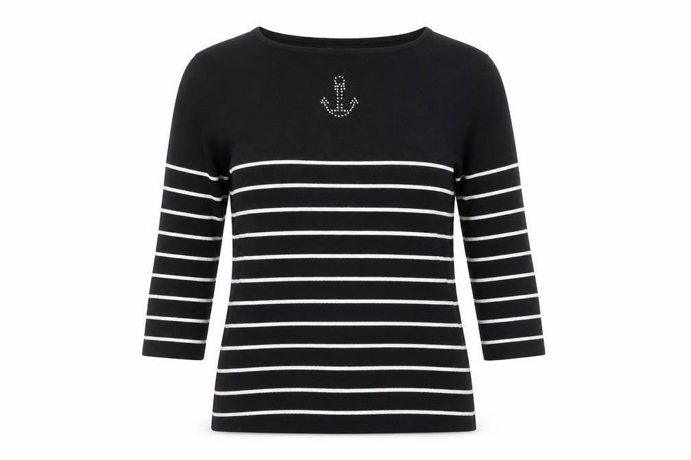 Debbie Morgan Womens Black Scoop Neck Striped Viscose Pullover Jumper Size L