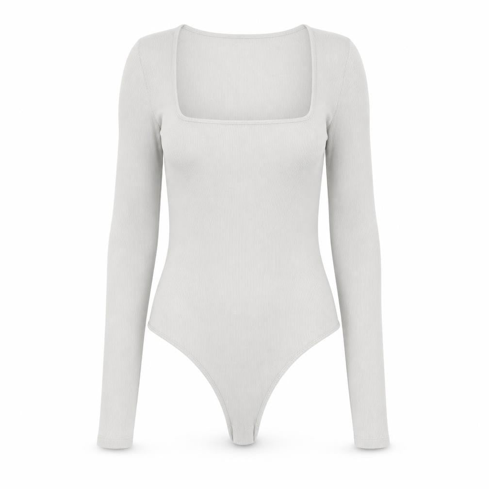 Front view of H&M women’s white polyamide bodysuit one-piece, size M, snap - ribbed