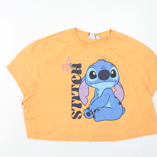 Disney Womens Orange Cotton Basic T-Shirt Size 2XL Crew Neck - Stitch
