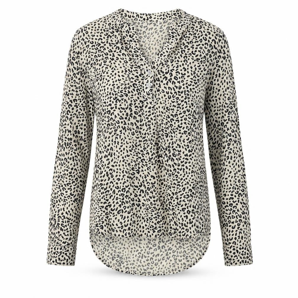 Front view of Marks & Spencer women’s beige animal print viscose basic blouse, size UK 6, v-neck - leopard pattern
