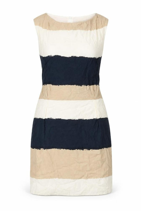 Front view of Zara women’s beige striped viscose a-line, size M, cowl neck zip