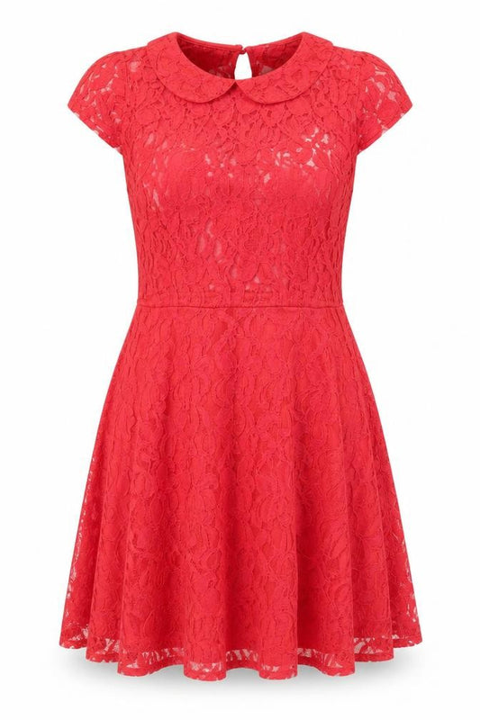 Front view of Evie women’s red cotton a-line, size UK 14, collared button