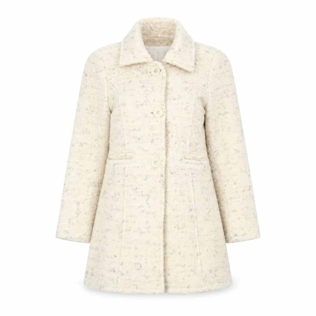Front view of Artifical women’s ivory geometric overcoat coat, size UK 8, button