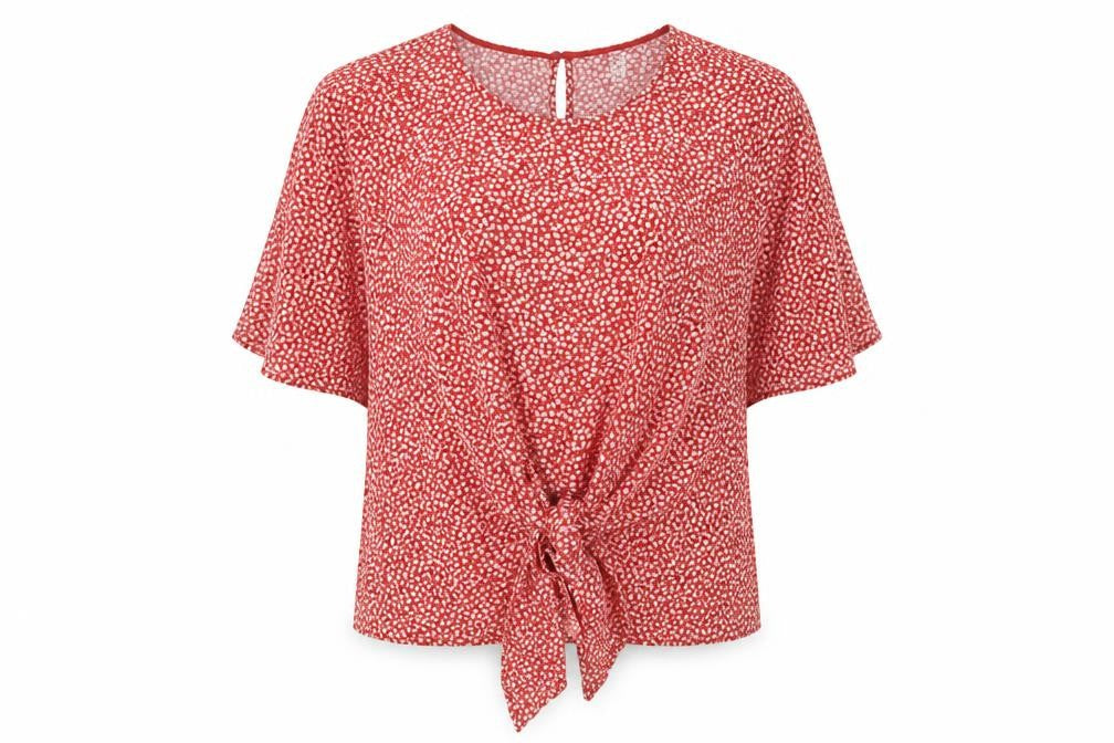 Front view of H&M women’s orange geometric viscose basic blouse, size UK 10, round neck - knot front