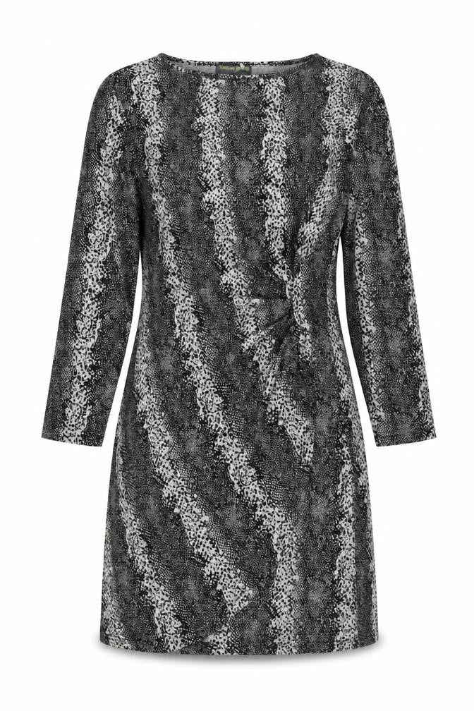 Front view of Sugar Crisp women’s grey geometric polyester a-line, size M, round neck pullover