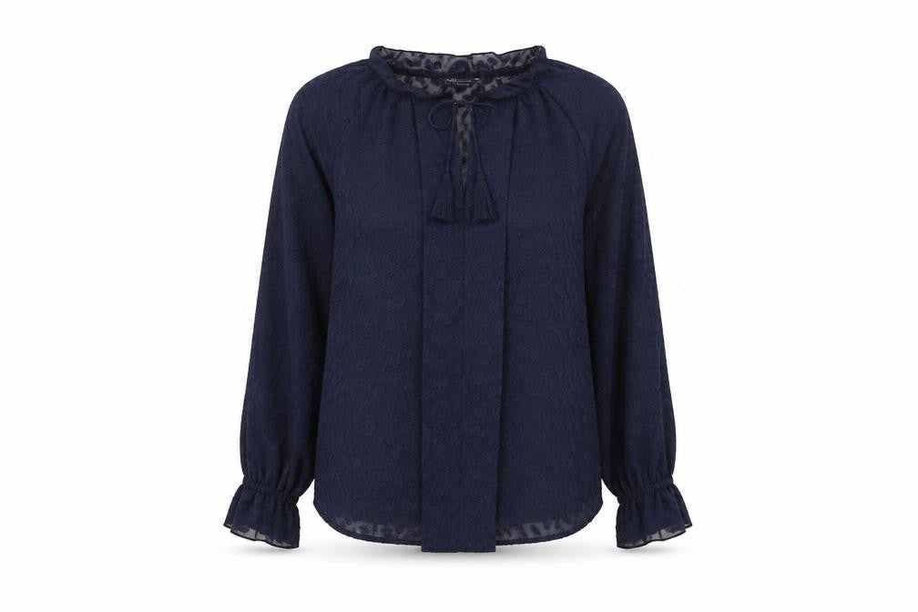 Front view of Marks & Spencer women’s blue animal print polyester basic blouse, size UK 8, round neck - leopard print