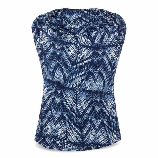 Front view of Ghost London women’s blue geometric viscose basic blouse, size UK 14, cowl neck