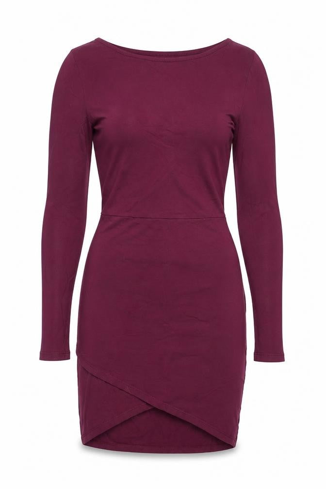 Front view of Missguided women’s purple viscose bodycon, size UK 8, round neck pullover
