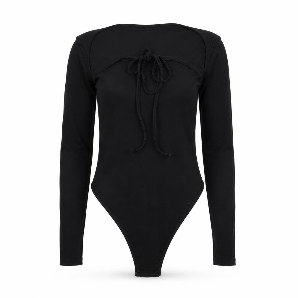 Boohoo Womens Black Polyester Bodysuit One-Piece Size 8 Snap - Tie Front Detail