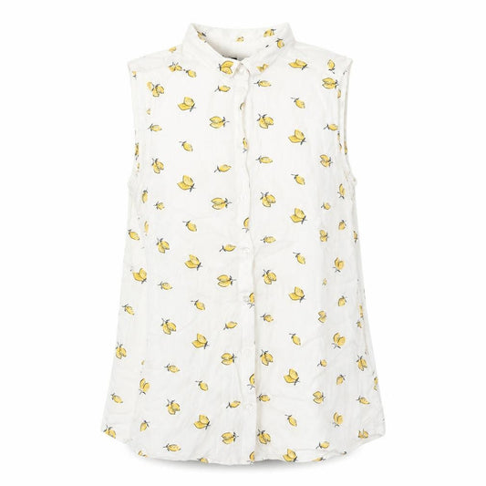 Front view of H&M women’s white geometric viscose basic button-up, size UK 8, collared - lemon pattern