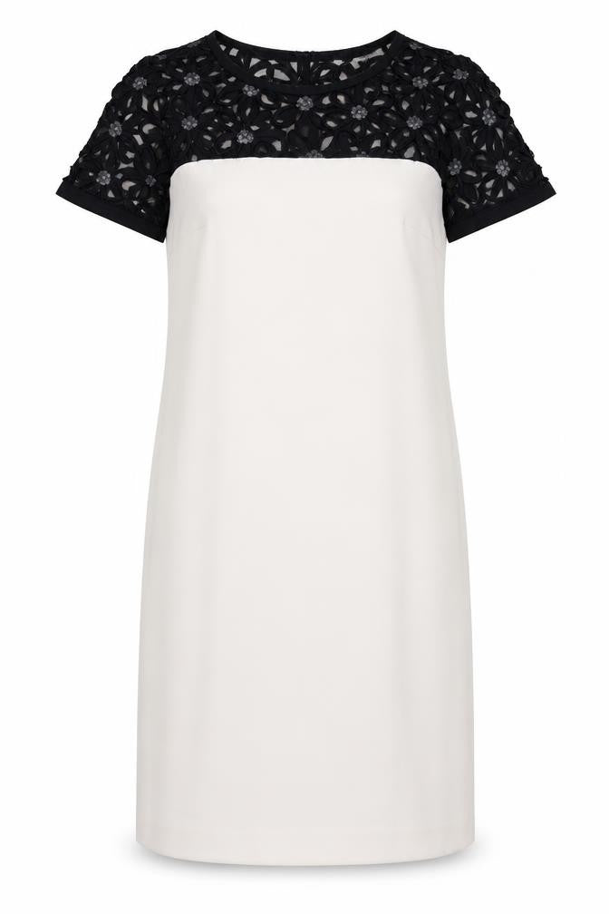 Front view of Calaluna women’s white colourblock polyester a-line, size UK 10, round neck zip