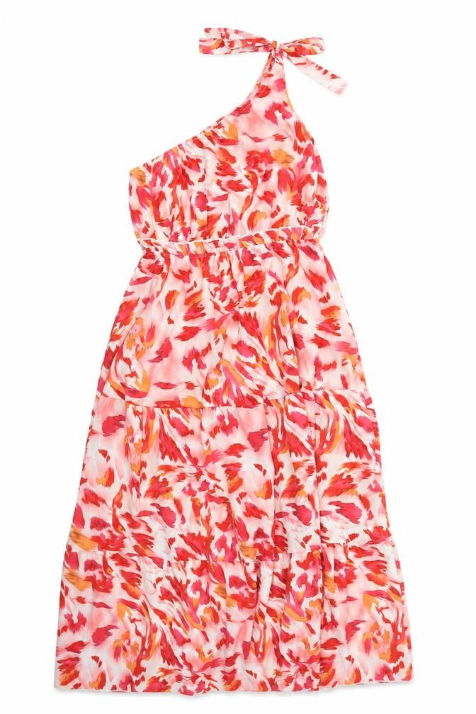 Front view of SHEIN women’s red geometric polyester trapeze & swing, size S, one shoulder pullover