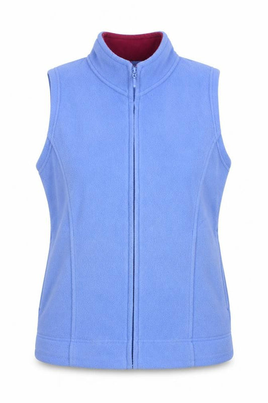 Front view of EWM women’s blue gilet jacket, size UK 10, zip -, size UK 10-12