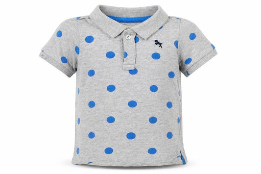 Front view of H&M boys’ grey polka dot cotton basic polo, size 3-6, months collared button