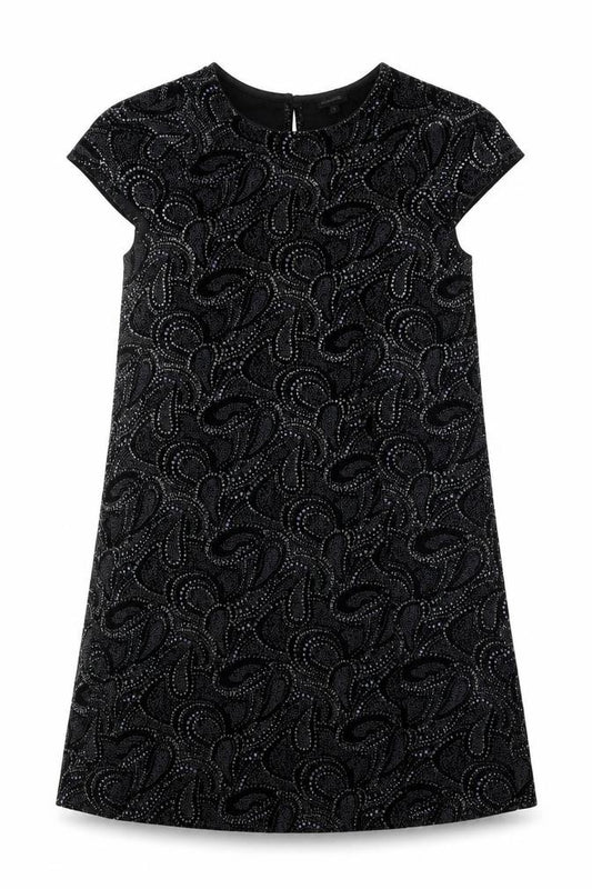Front view of River Island women’s black geometric polyester shift, size UK 8, round neck button