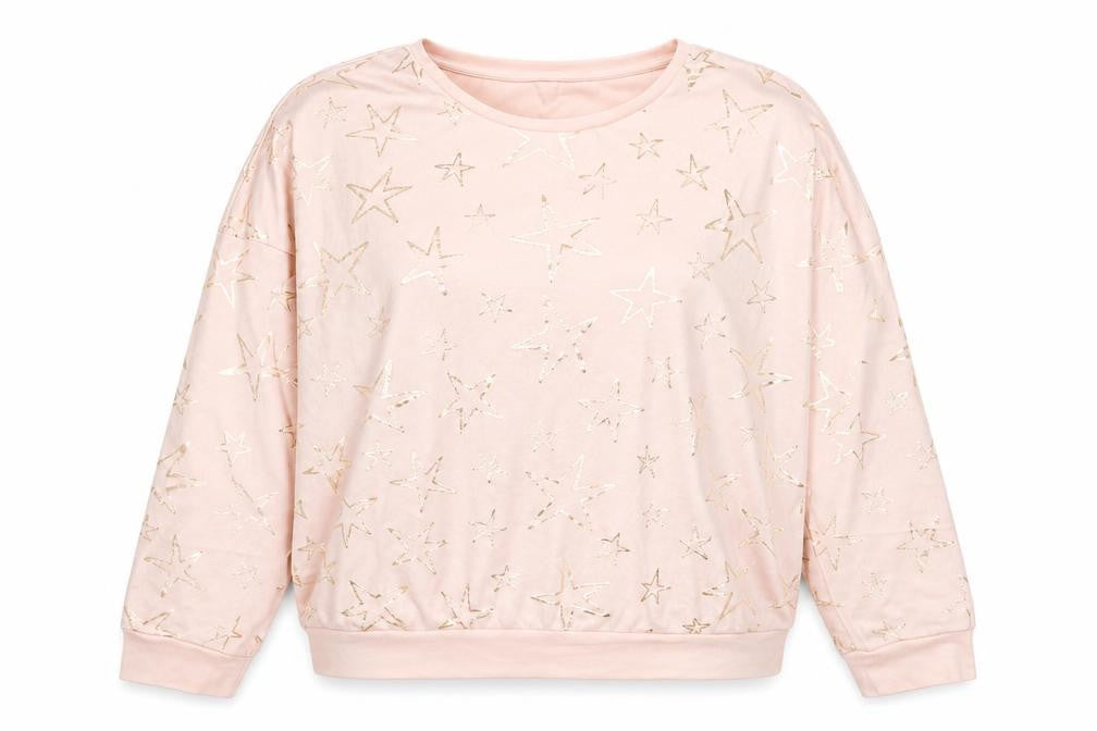 Front view of Nutmeg women’s pink scoop neck geometric polyester jumper, size UK 12, - stars