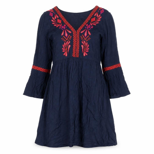 Front view of VILA women’s blue geometric polyester a-line, size UK 6, v-neck pullover