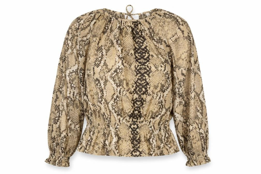 Front view of H&M women’s beige animal print polyester basic blouse, size UK 10, round neck - snake print