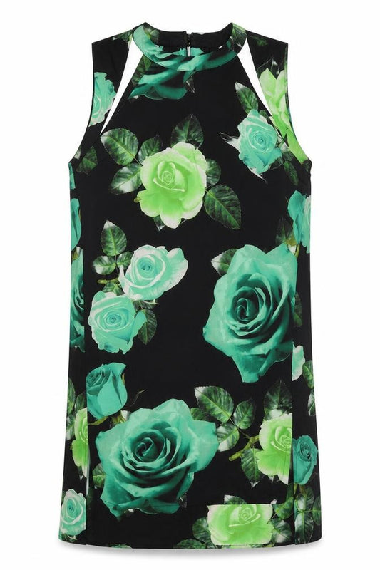 Front view of Shakuhachi women’s black floral polyester a-line, size UK 10, round neck button