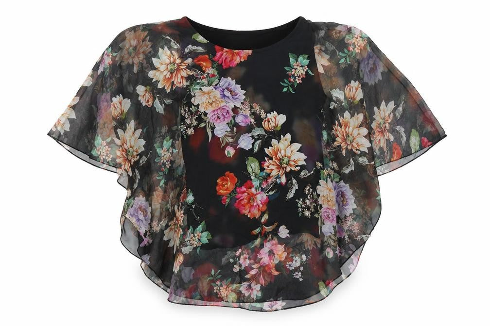 Front view of Made in Italy women’s black floral polyester basic blouse, size UK 8, scoop neck - overlay