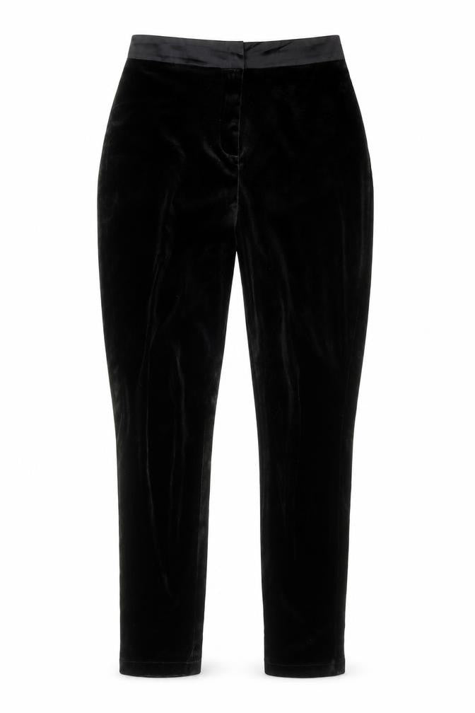 Front view of Missguided women’s black polyester trousers, size UK 10, regular zip