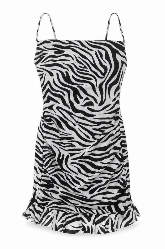 Front view of I SAW IT FIRST women’s black animal print polyester bodycon, size UK 6, square neck pullover - zebra pattern