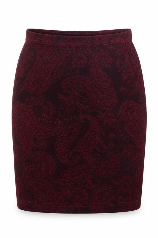 Front view of Miss Selfridge women’s red geometric acetate bandage skirt, size UK 8