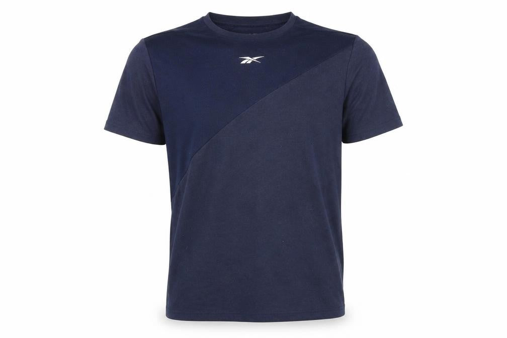 Front view of Reebok men’s blue polyester t-shirt, size S, round neck