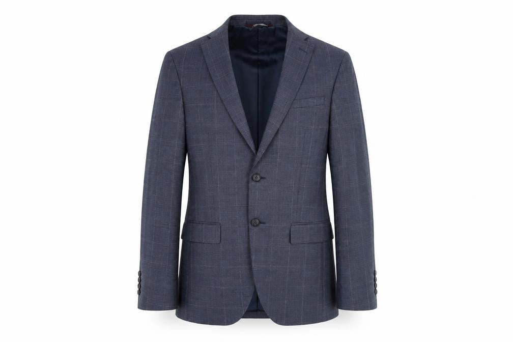 Front view of Marks & Spencer men’s blue plaid wool jacket suit jacket, size 36, regular
