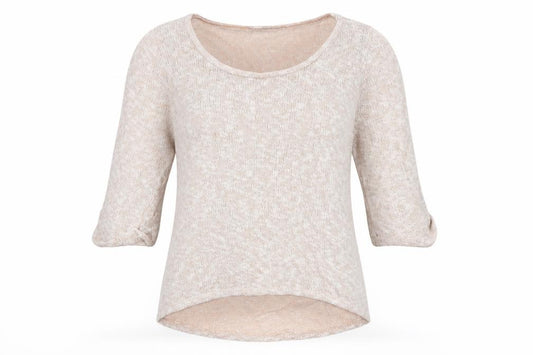 Front view of New Look women’s beige scoop neck polyester jumper, size UK 14