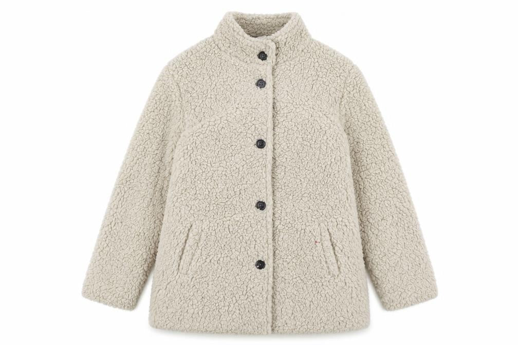 Front view of Anna De Lancay women’s beige jacket, size M, button