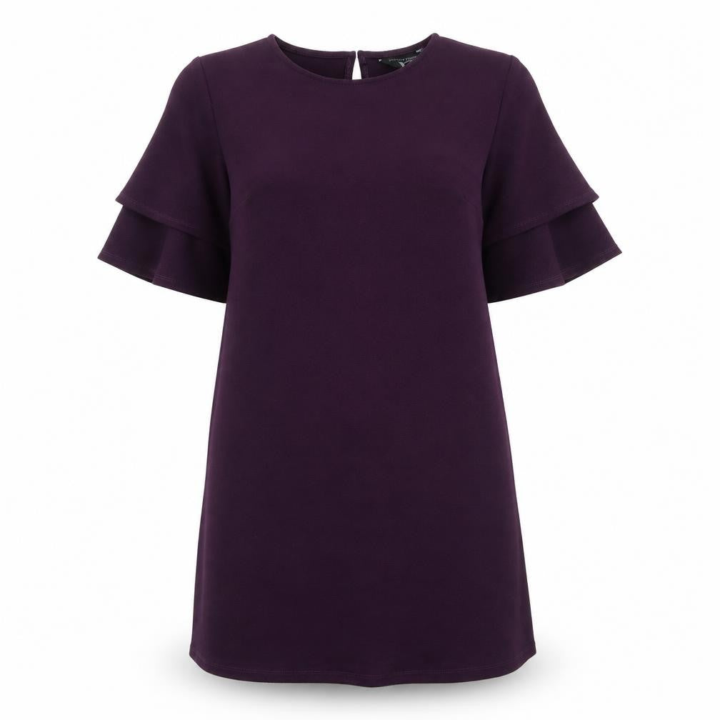 Front view of Dorothy Perkins women’s purple polyester a-line, size UK 12, round neck button