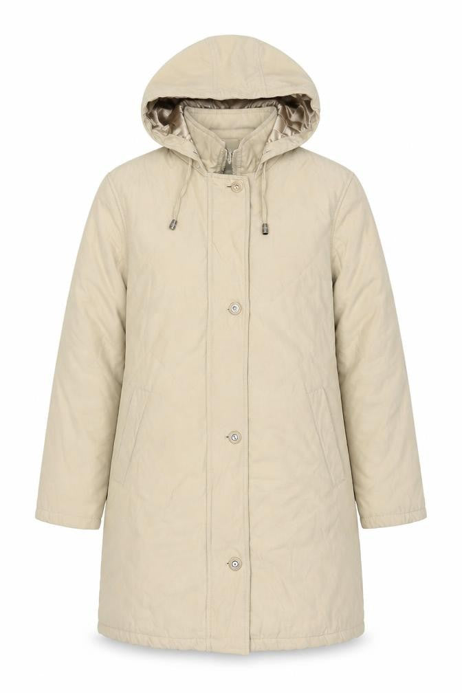 Front view of BHS women’s beige overcoat coat, size UK 10, zip