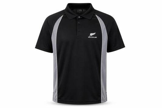 Front view of Super Shirts men’s black polyester polo, size S, collared button - new zealand