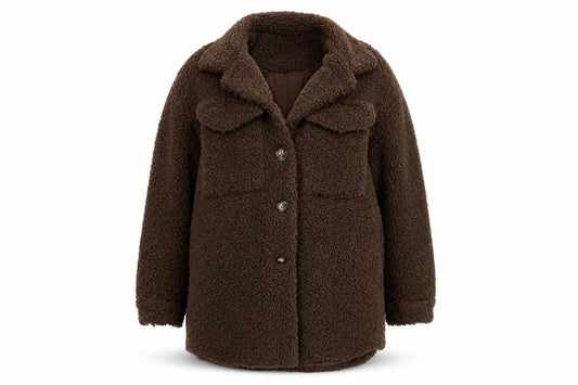 Front view of PRETTYLITTLETHING women’s brown jacket, size UK 8, button - teddy bear style