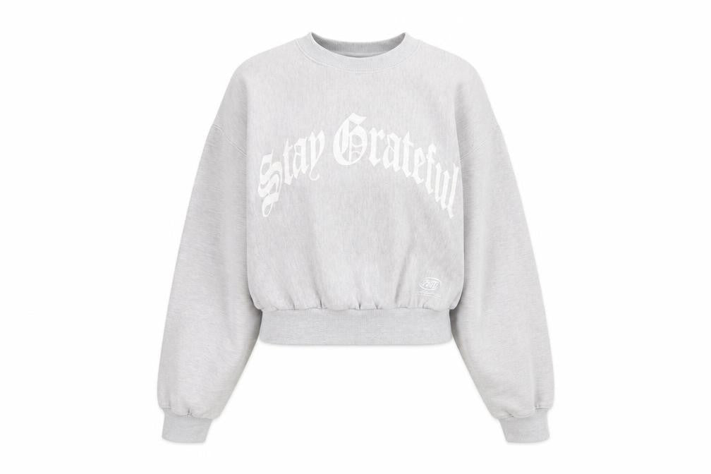 Front view of Pacific Republic women’s grey polyester pullover sweatshirt, size M, pullover - stay grateful