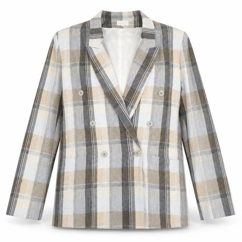 Woman Exclusive Womens Beige Plaid Ramie Jacket Suit Jacket Size 8