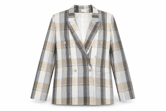 Front view of Woman Exclusive women’s beige plaid ramie jacket suit jacket, size UK 8