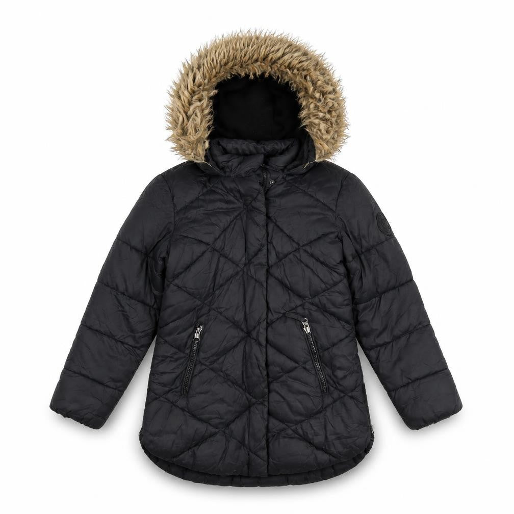Front view of Steve Madden girls’ black quilted jacket, size S, zip