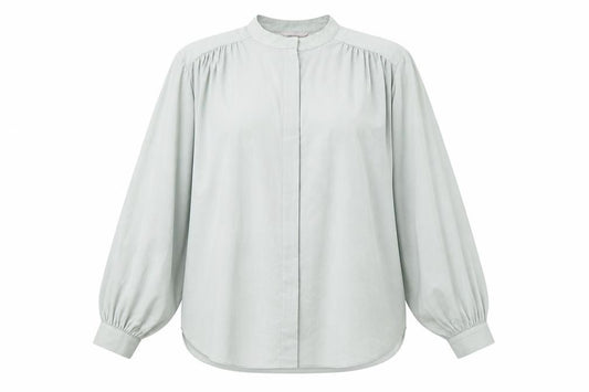 Front view of H&M women’s green polyester basic button-up, size XL, round neck