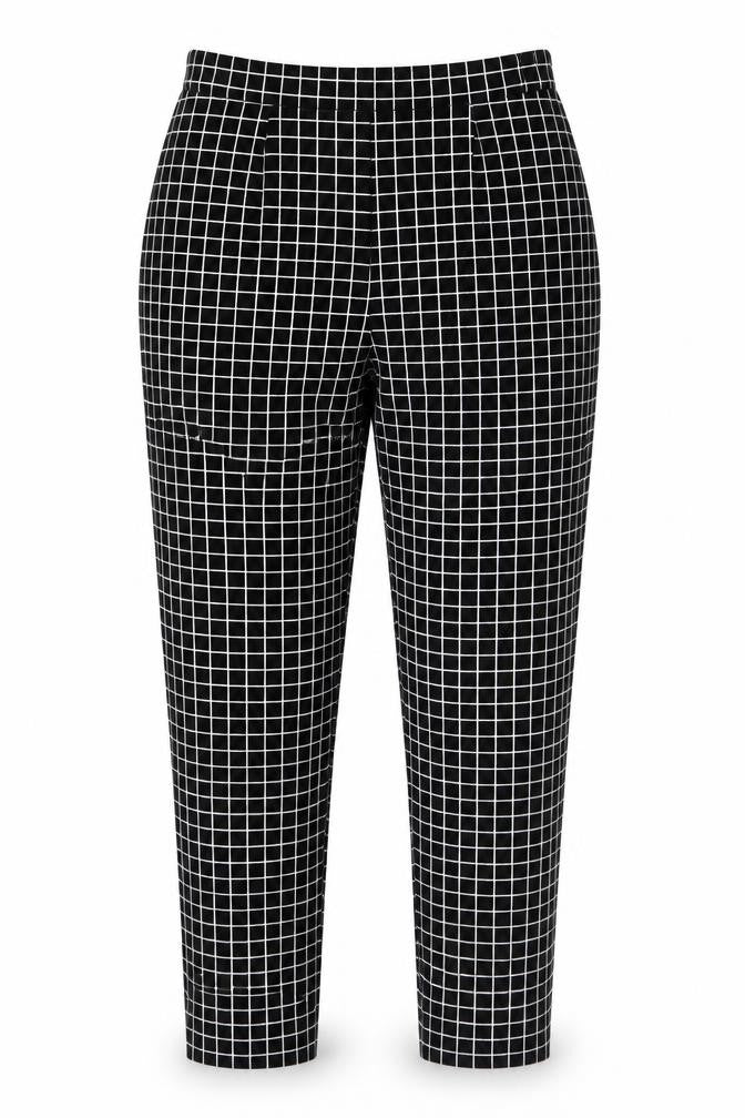 Front view of Unique 21 women’s black check polyester trousers, size M, regular zip